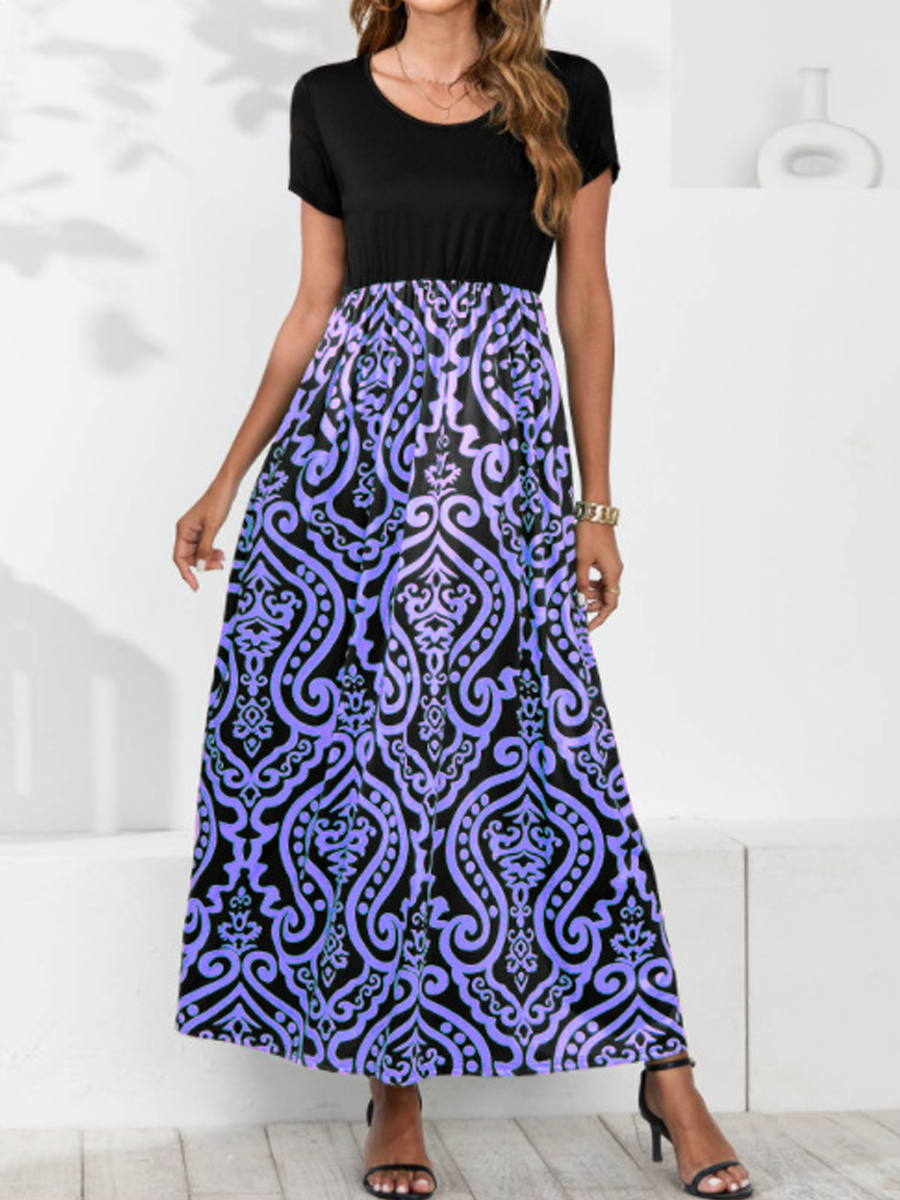 Casual Ethnic Print Crew Neck Short Sleeve Maxi Dress