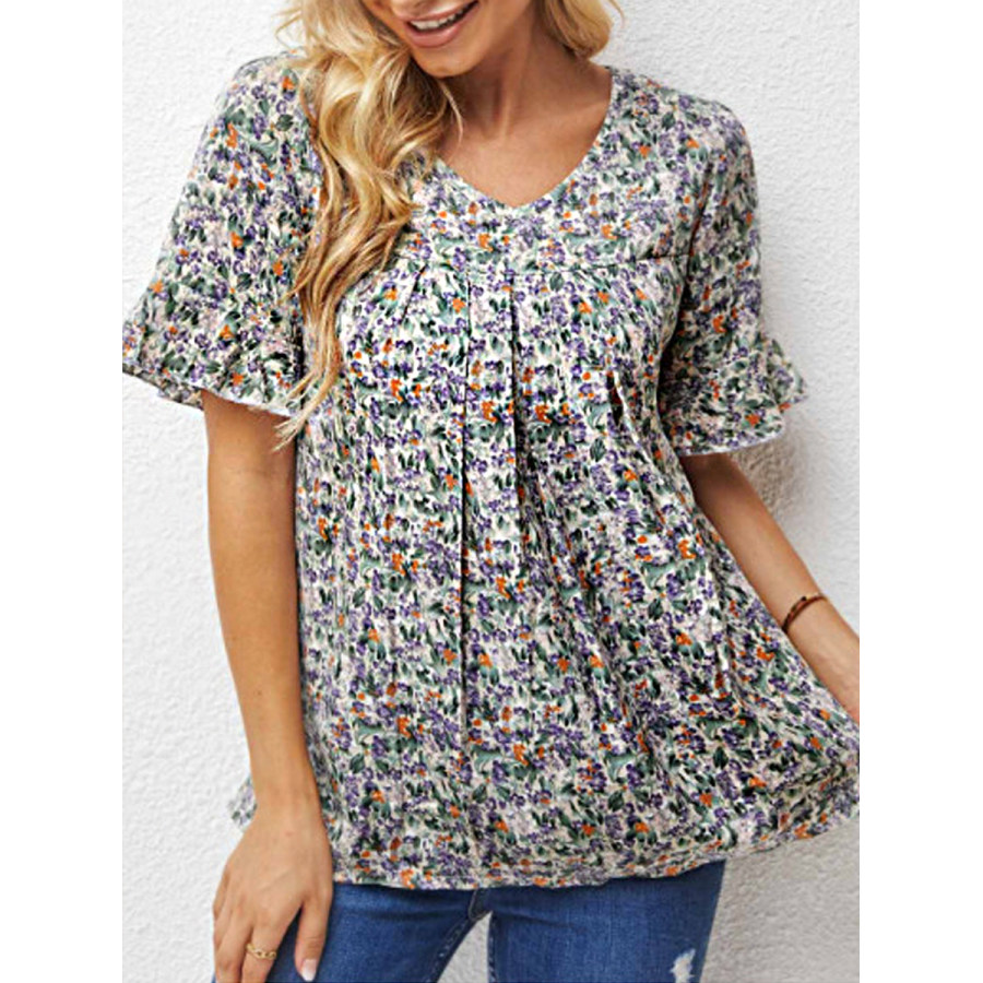 

Casual Floral Print Crew Neck Short Sleeve Blouse