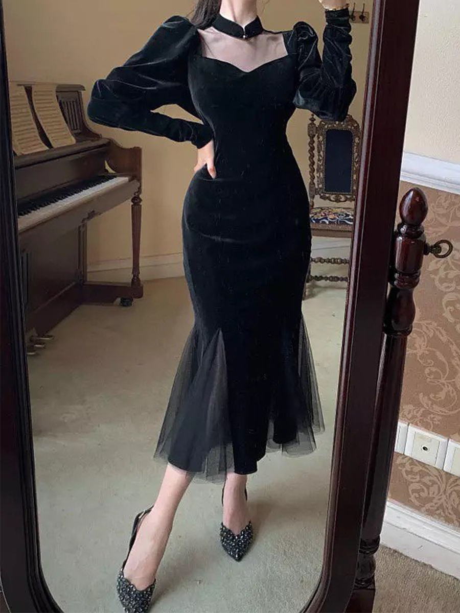 Ladies Elegant Tulle Panel Half Turtleneck Gala Party Party Fishtail Dress