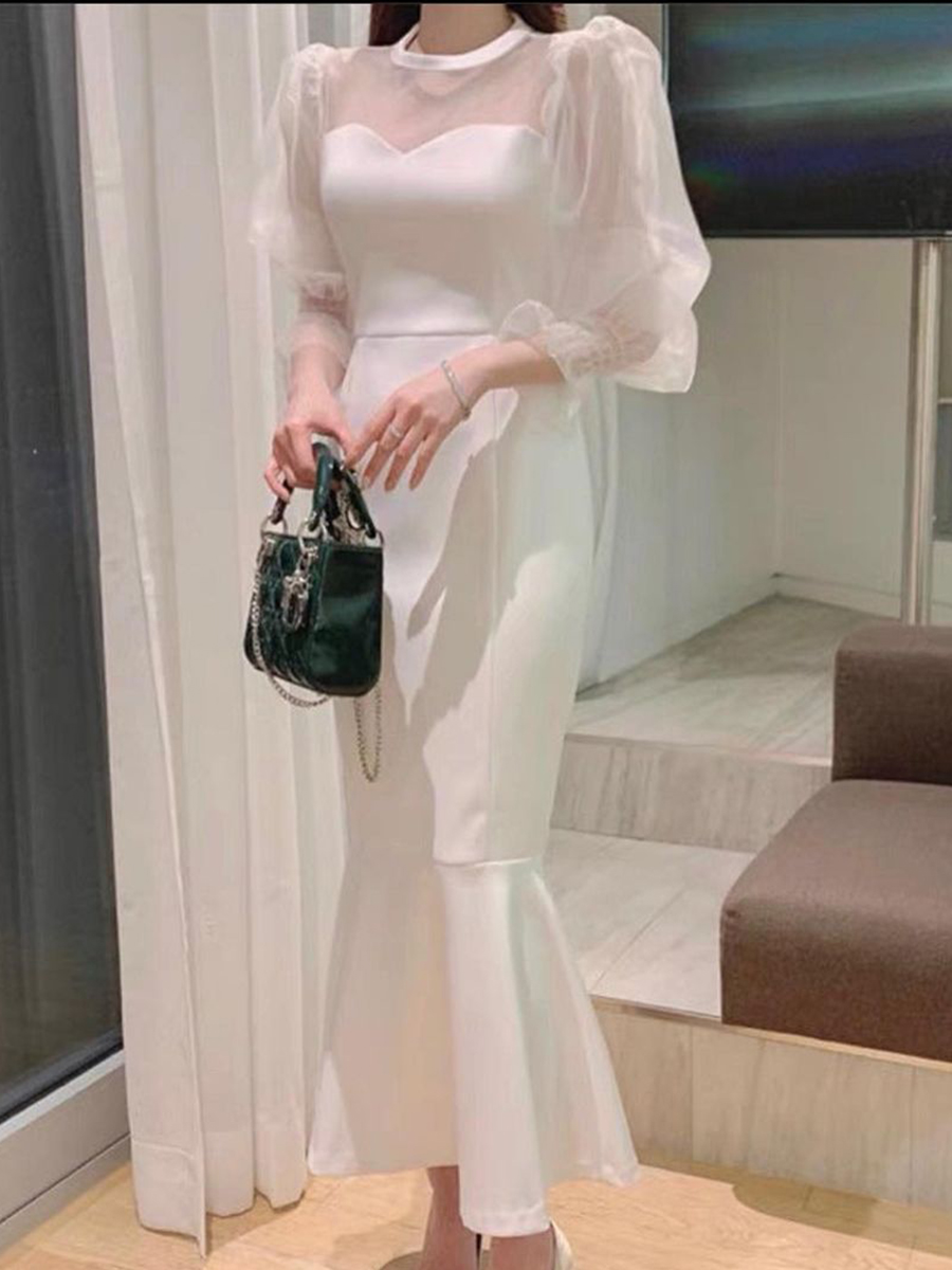 Ladies Elegant Tulle Panel Half Turtleneck Gala Party Party Fishtail Dress