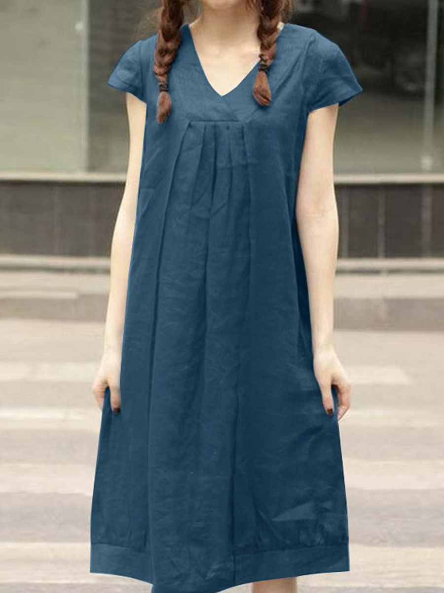 Summer Short Sleeve V Neck Loose Cotton Dress