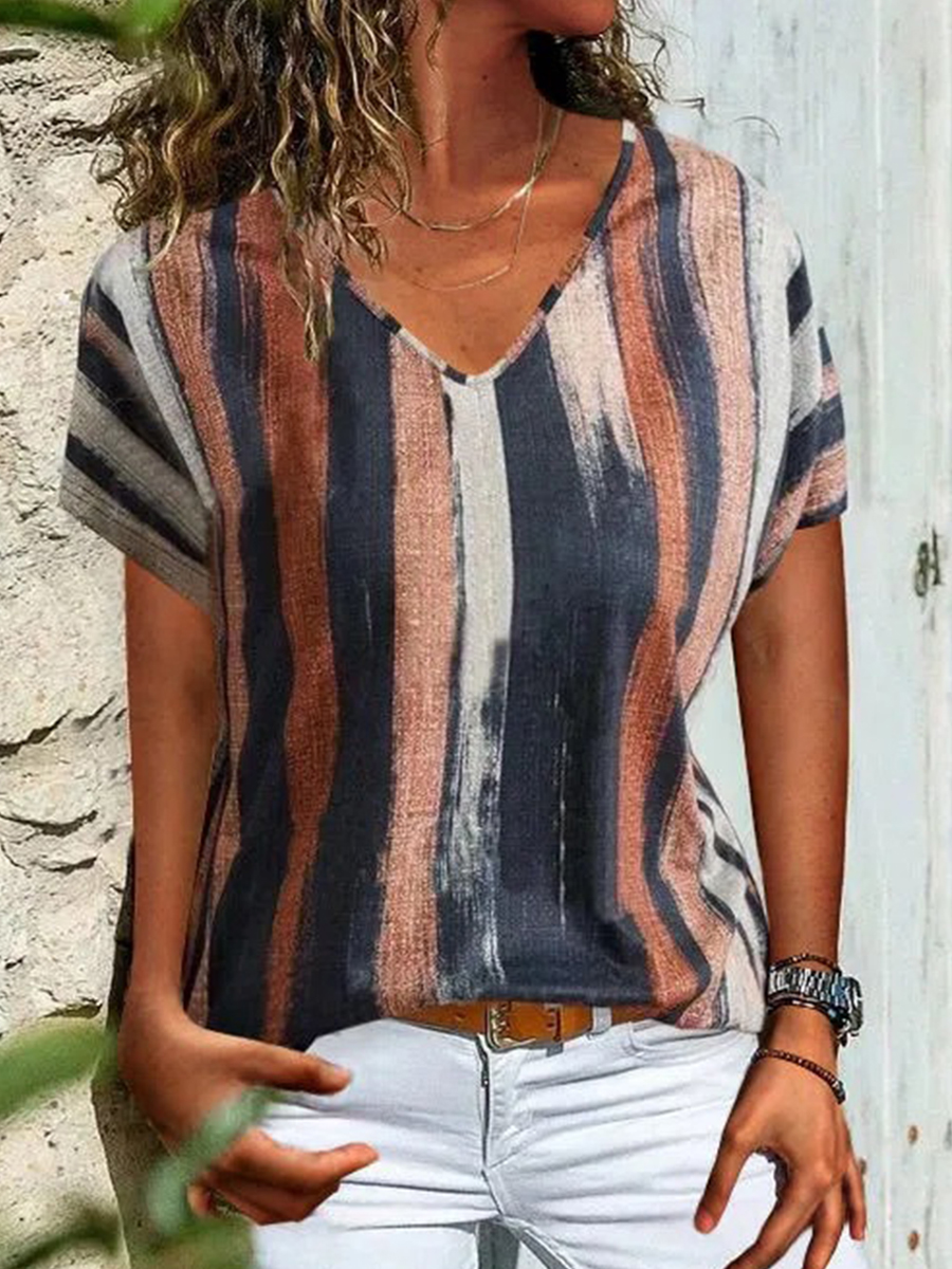 Cotton Linen Loose Fashion Print Short Sleeve T Shirt