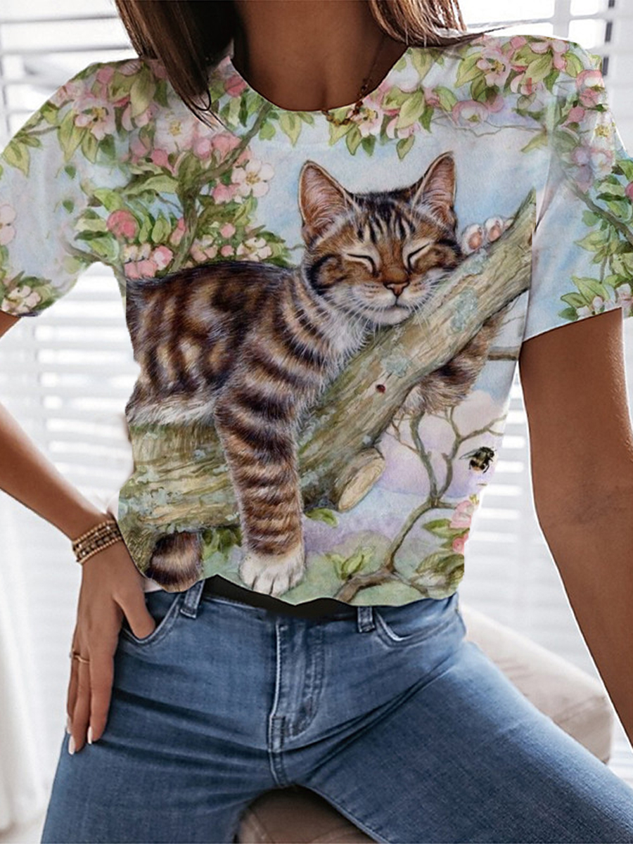 Womens Casual Fashion Cat And Floral Print T shirt