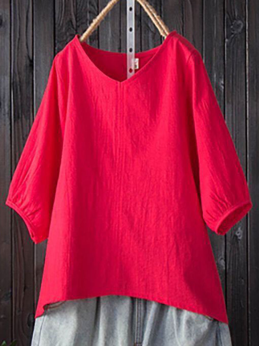 V neck Casual Loose Solid Color Short sleeved Blouse