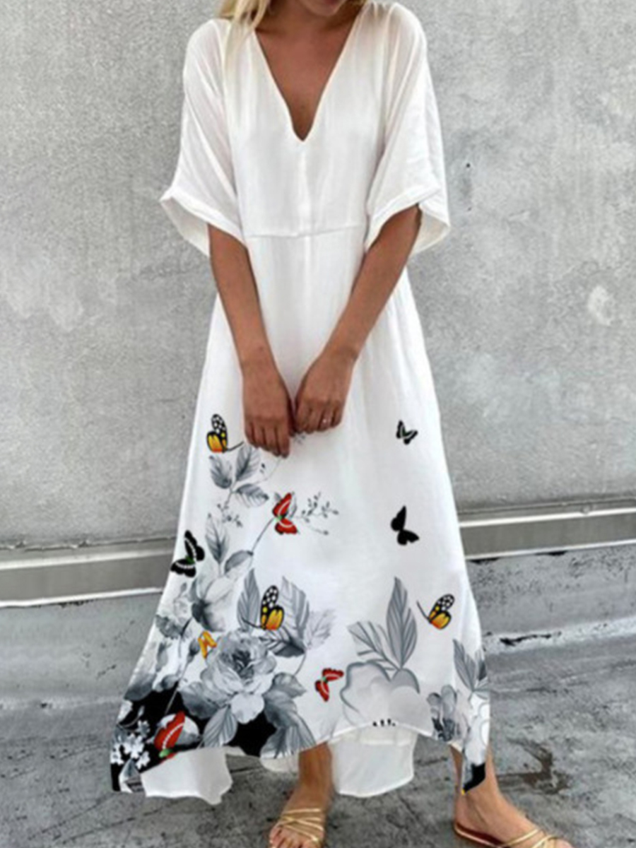 Spring/Summer V Neck Printed Casual Dress