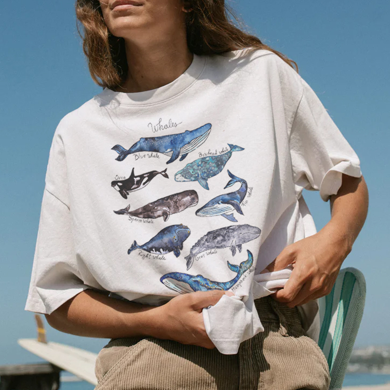 Summer Retro Surf Marine Life Printed Casual Tee