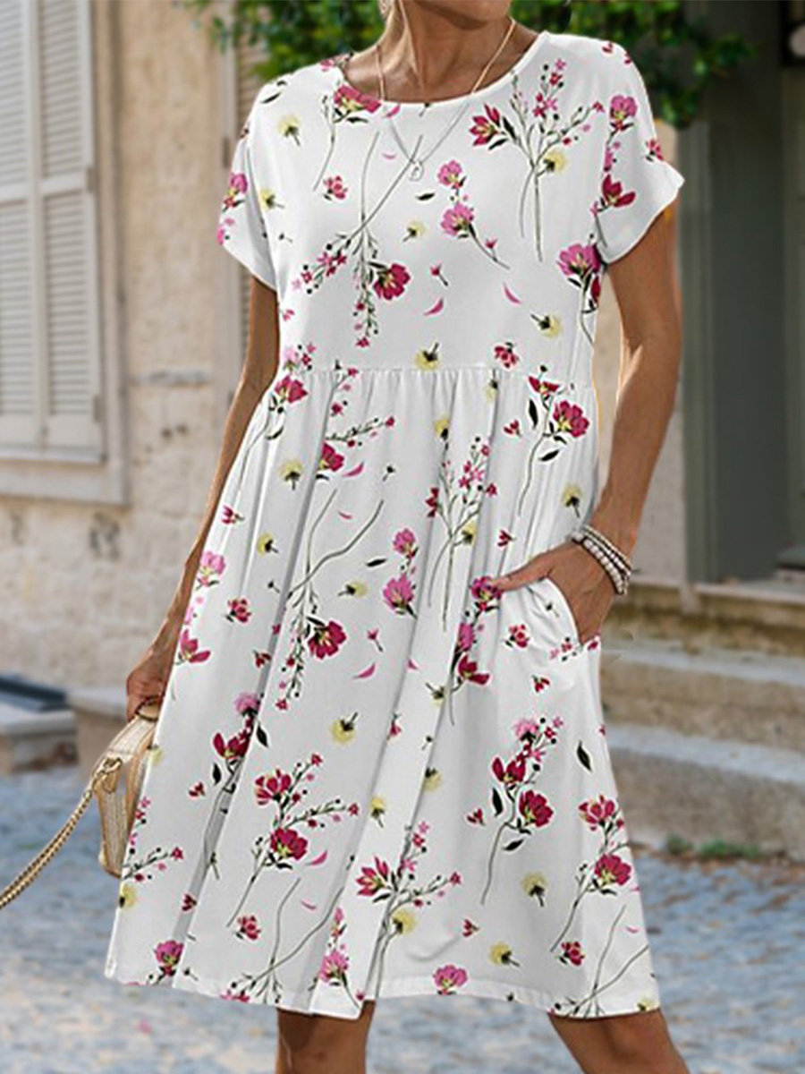 Cotton Blends Casual Crew Neck Short Dresses