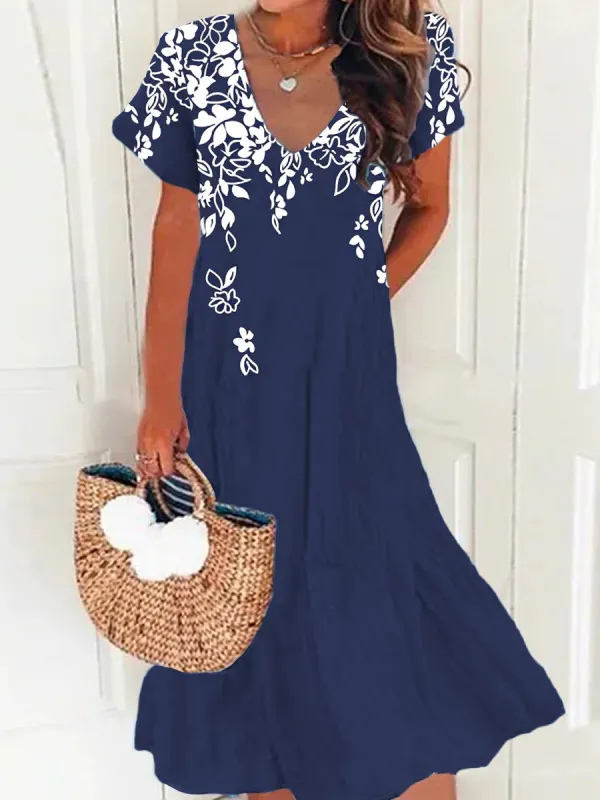 Casual Floral Print V-Neck Short Sleeve Midi Dress - Oasisjoy.com 