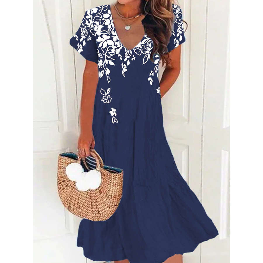 

Casual Floral Print V-Neck Short Sleeve Midi Dress