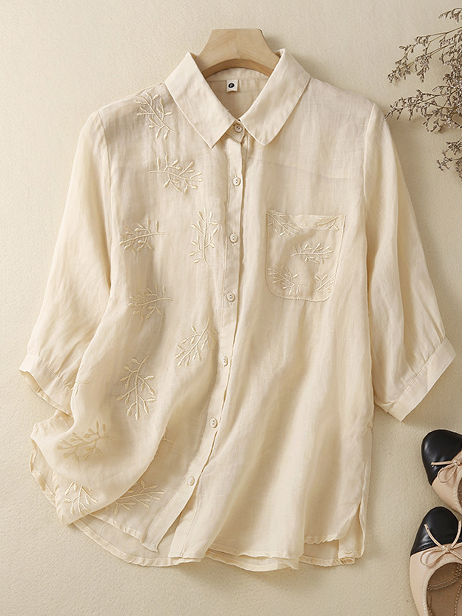Vintage Casual Embroidered Lapel Three Quarter Sleeves Shirt