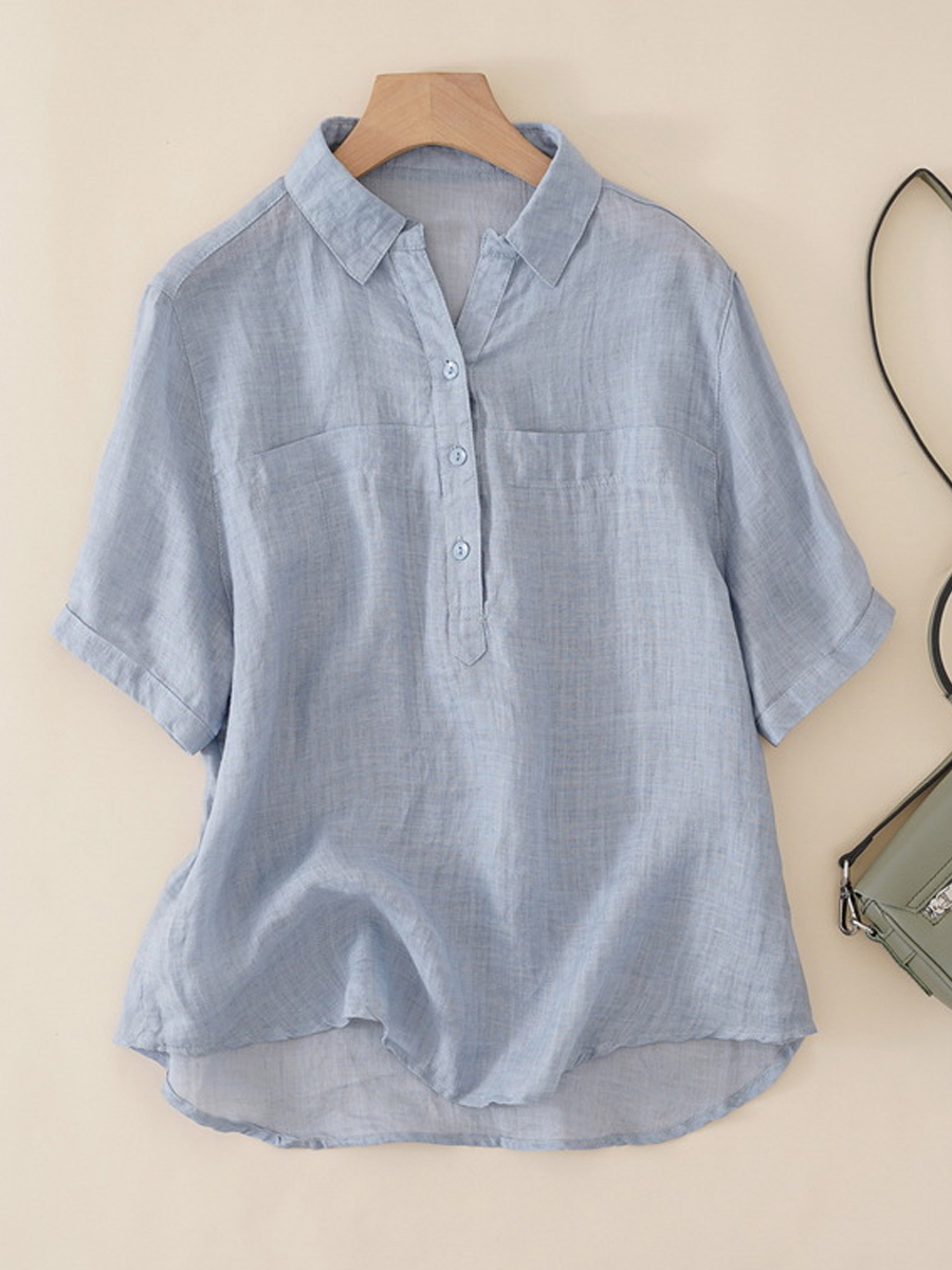 Vintage Casual Solid Color V Neck Pocket Short Sleeve Blouse