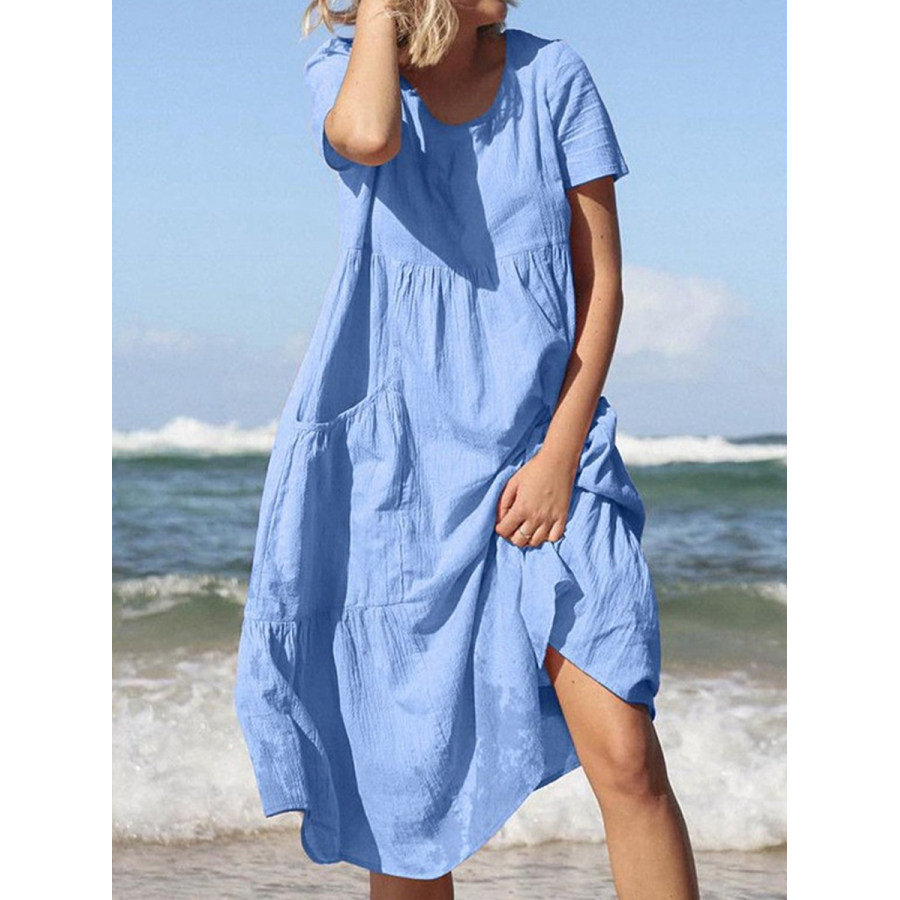 

Casual Fashion Solid Color Round Neck Pocket Short Sleeve Midi Dress