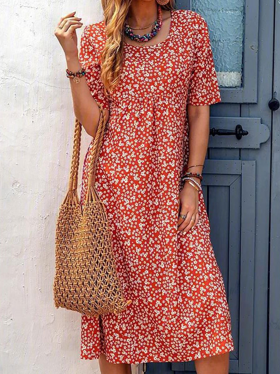 Round Neck Casual Loose Floral Print Resort Short Sleeve Short Dress