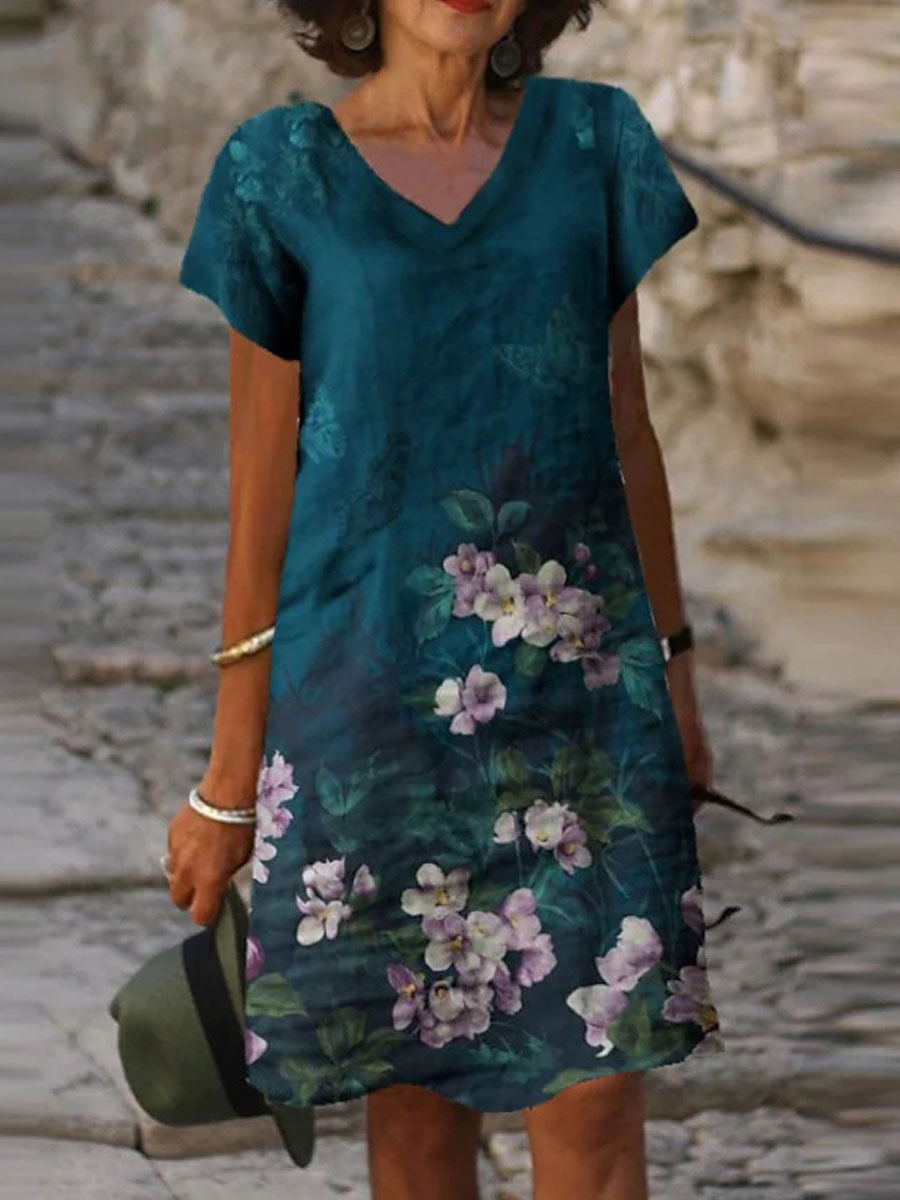 V neck Casual Loose Floral Print Short Sleeve Short Dress