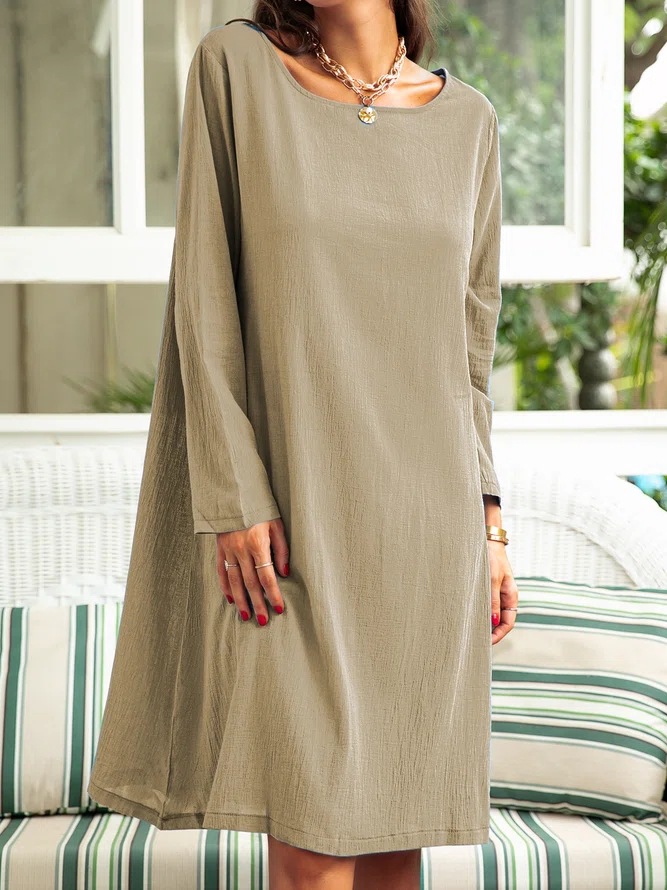 Round Neck Casual Loose Solid Color Sunscreen Long Sleeve Short Dress
