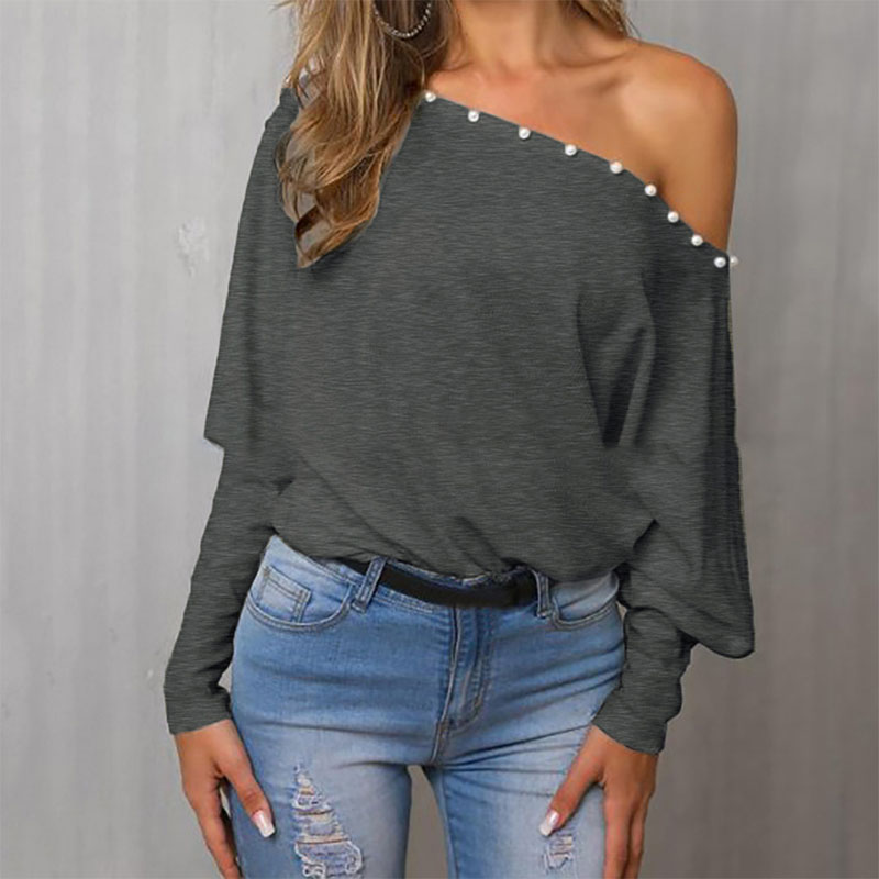 Ladies Elegant Loose One Line Neck Off Shoulder Doll Sleeve Top