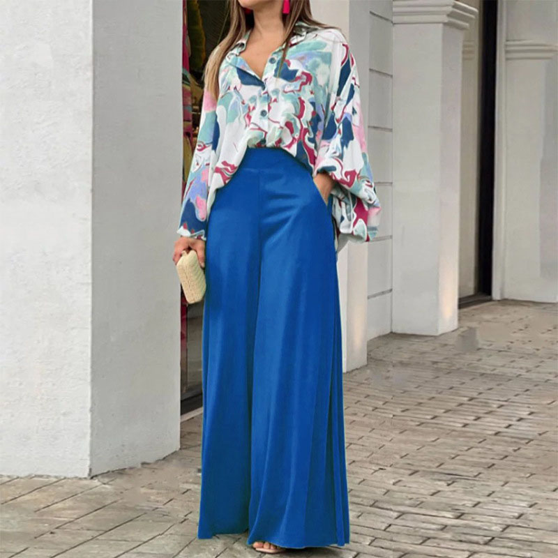Ladies Casual Loose Lapel Shirt High Waist Wide Leg Pants Set