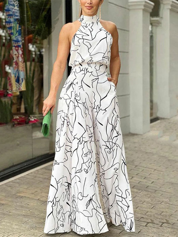Ladies Elegant Waist Tie Sleeveless Halter Print Jumpsuit