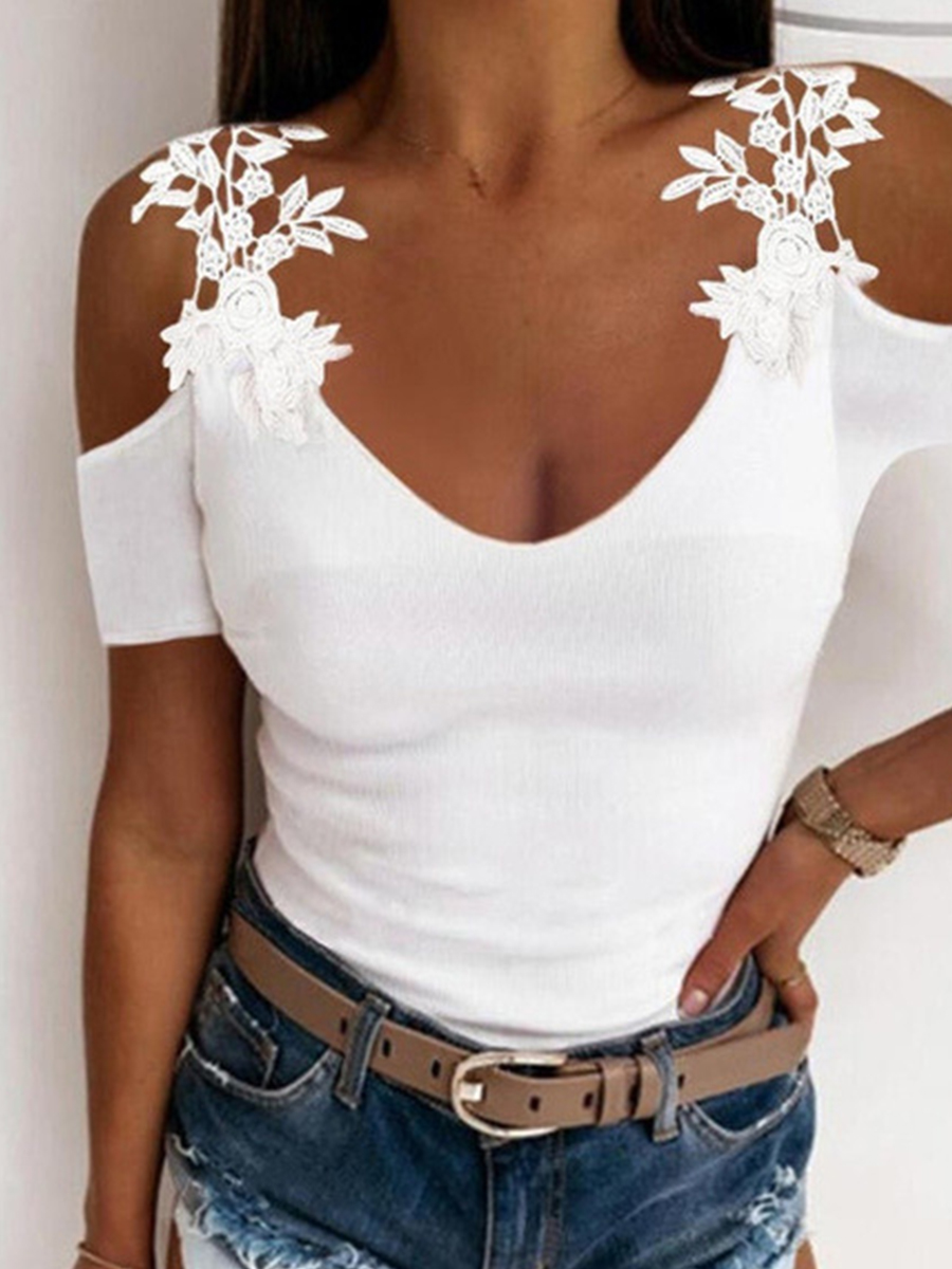 Summer Solid Color Lace Short Sleeve T Shirt