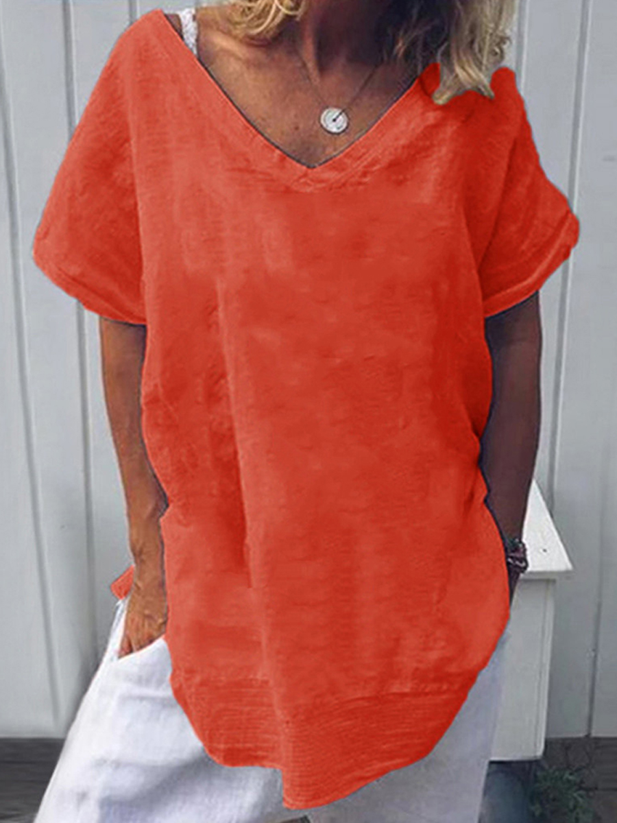 Short Sleeve Solid Color Cotton Linen V Neck Casual Blouse