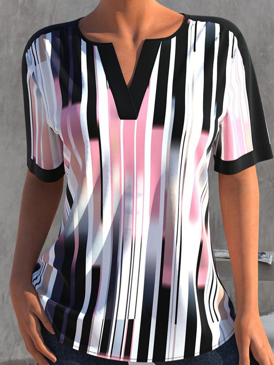 Fashion Casual V Neck Printed Short Sleeve Blouse