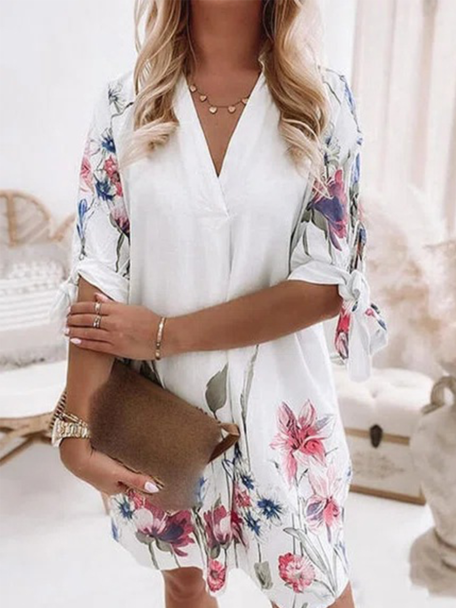 1/2 Sleeve Casual V Neck Floral Short Dresses
