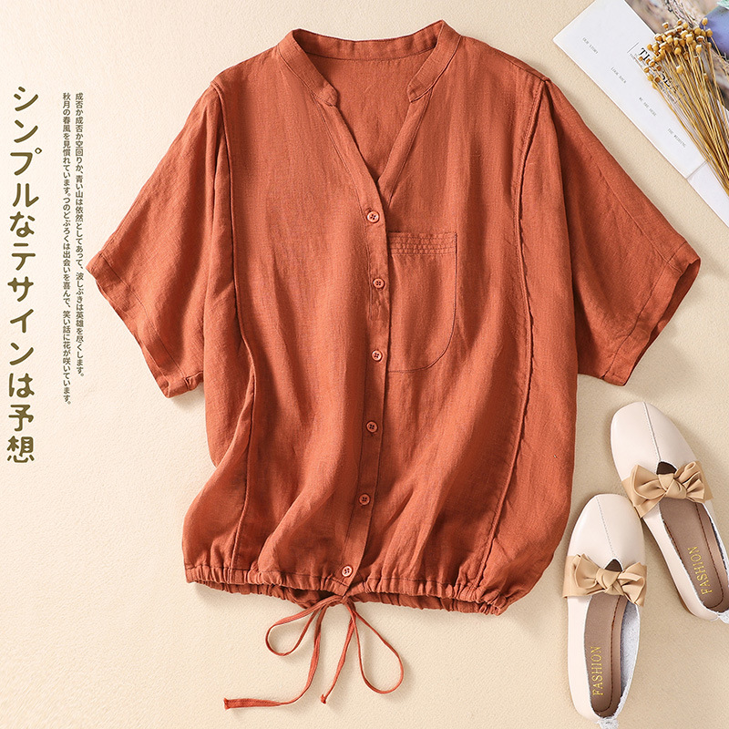 Vintage Solid V Neck Drawstring Short Sleeve Blouse