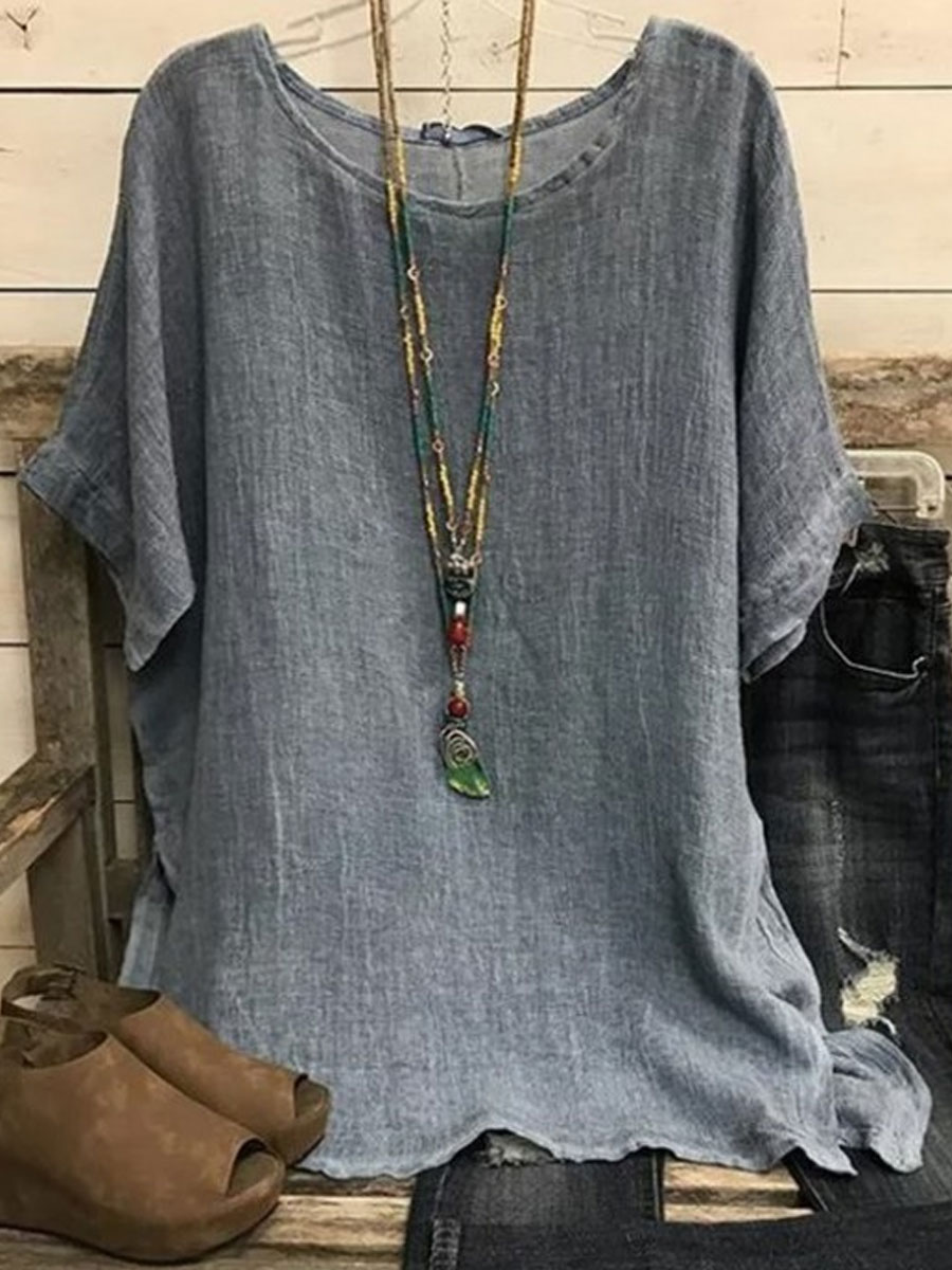 Round Neck Casual Loose Chic Solid Color Linen Short-sleeved Blouse