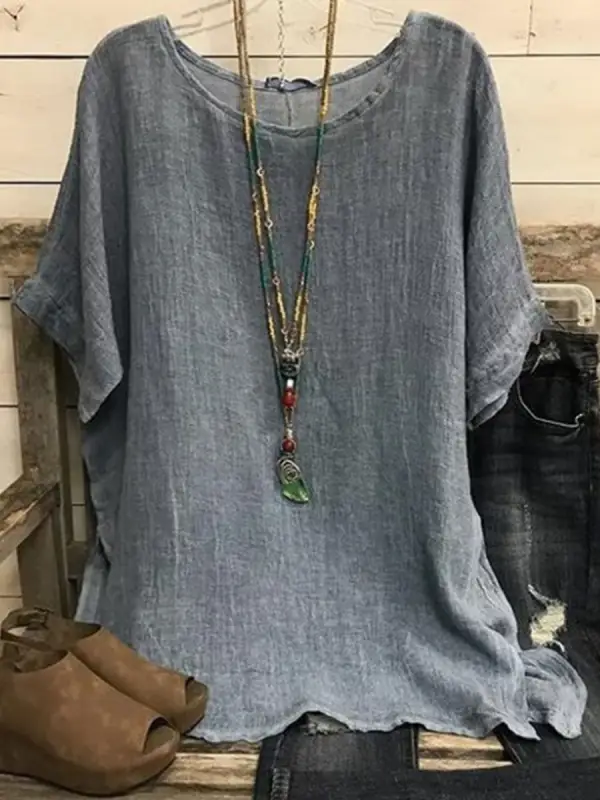 Round Neck Casual Loose Solid Color Linen Short-sleeved Blouse - Oasisjoy.com 