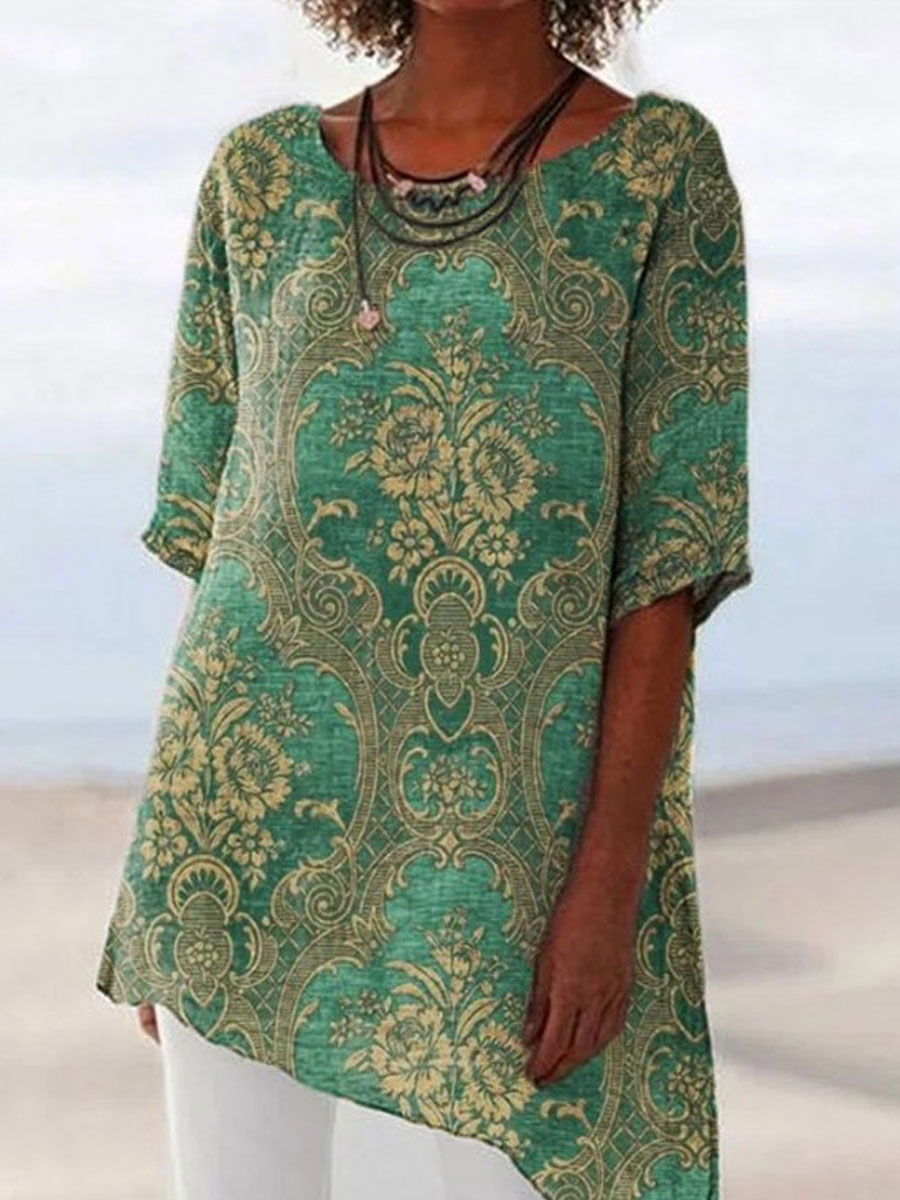 Round Neck Casual Loose Vintage Print Short Sleeve Blouse