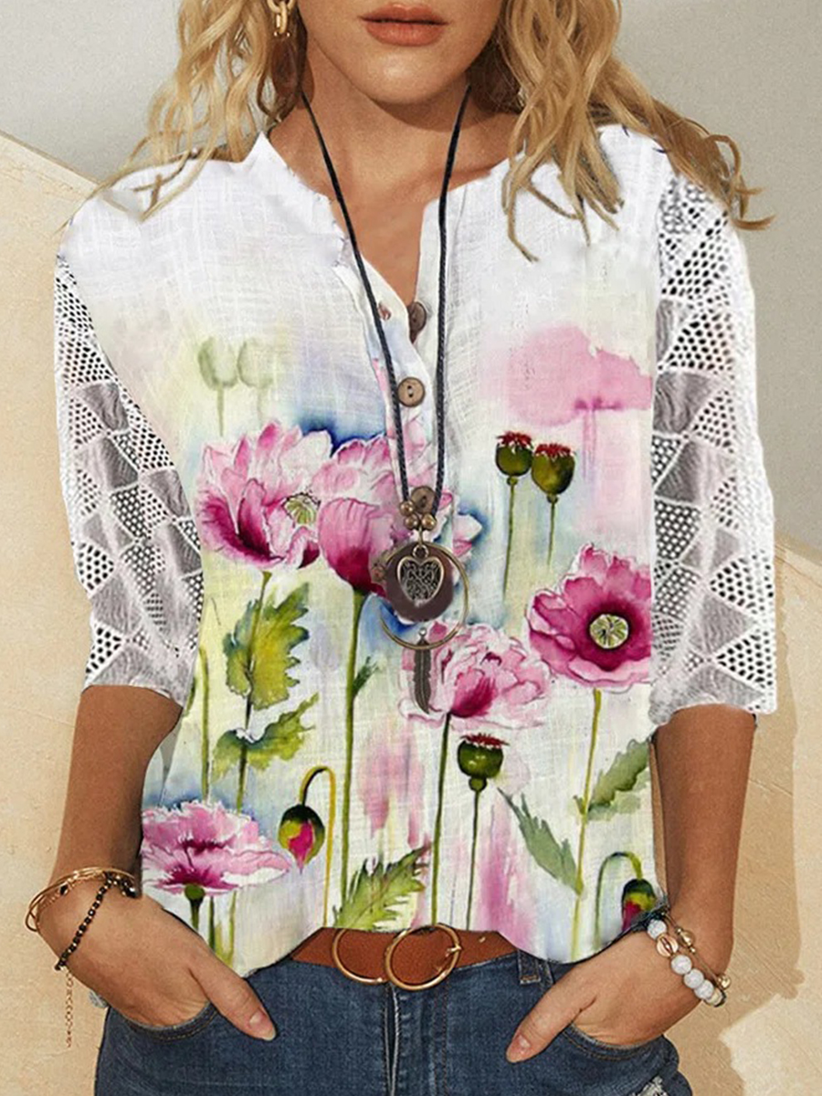 Spring/Summer Lace Patchwork Mid Sleeve Stand Collar Linen Blouse
