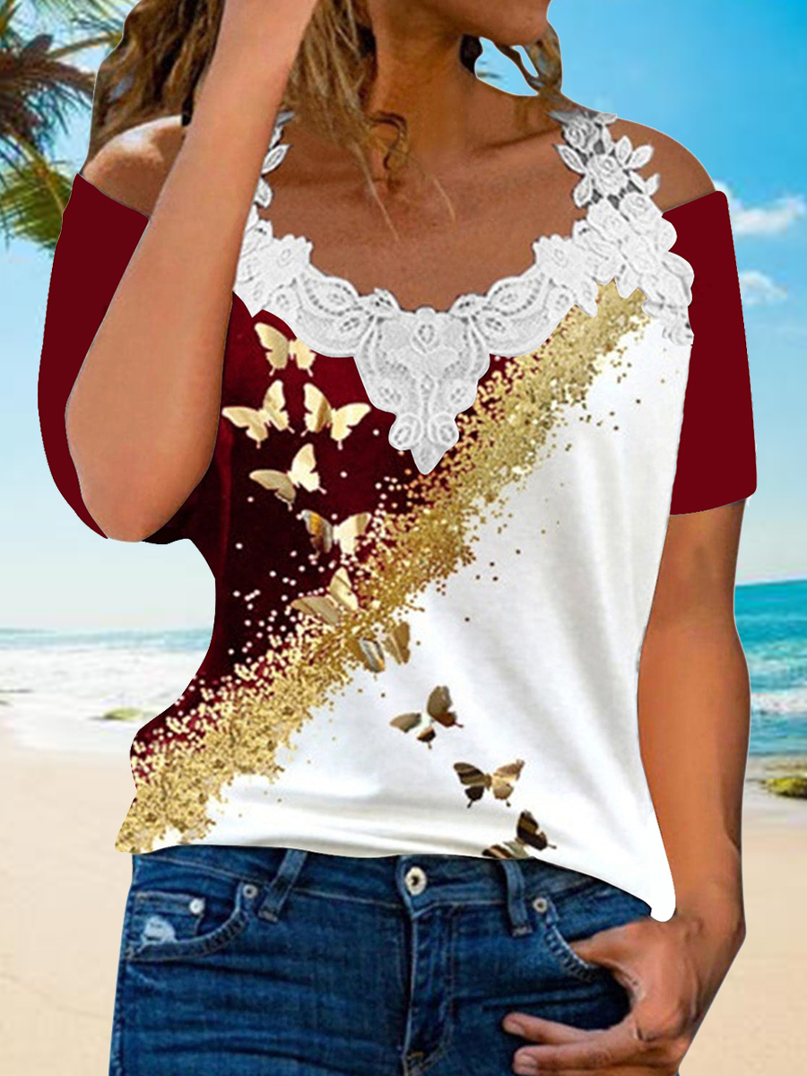 Summer V neck Lace Off the shoulder Short sleeved Casual T shirt