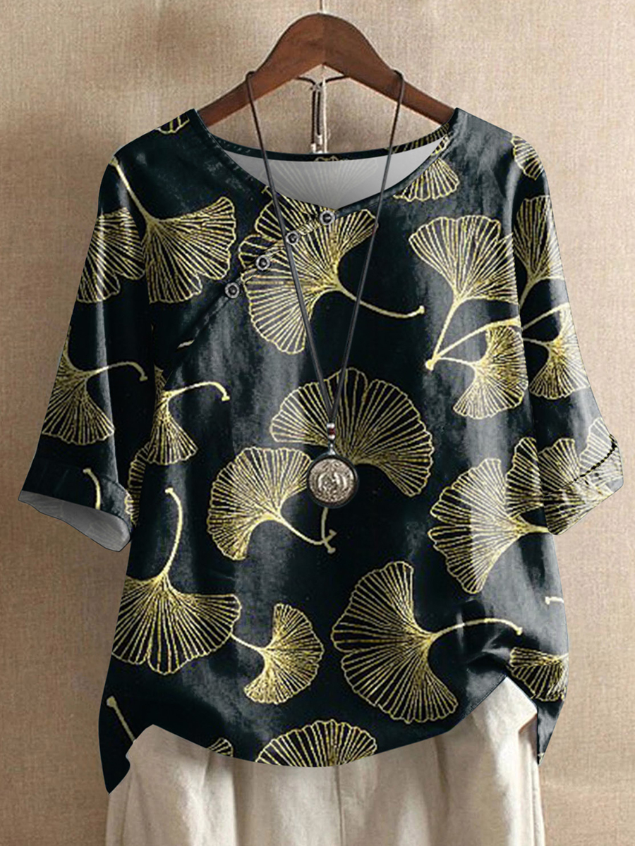 Cotton Linen Print Short Sleeve Blouse