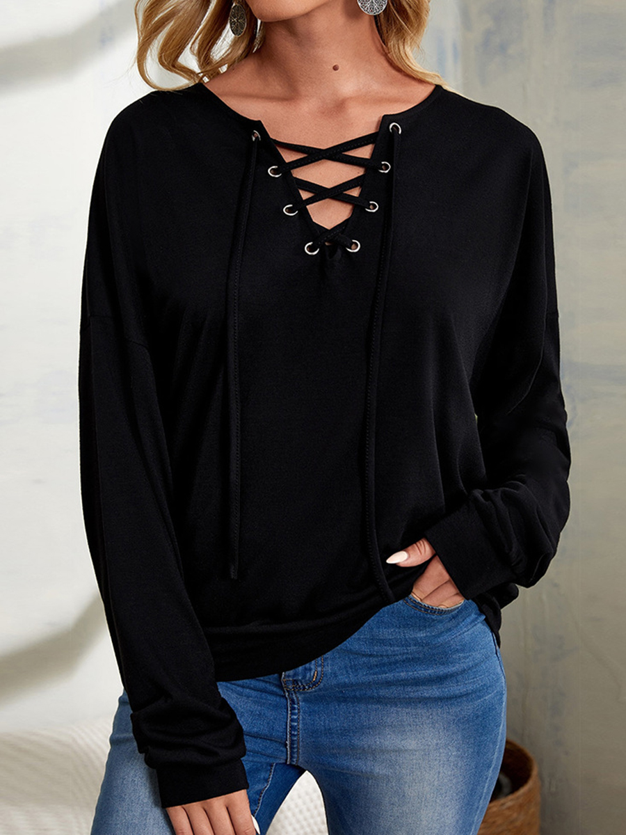 V Neck Solid Color String Long Sleeve T Shirt