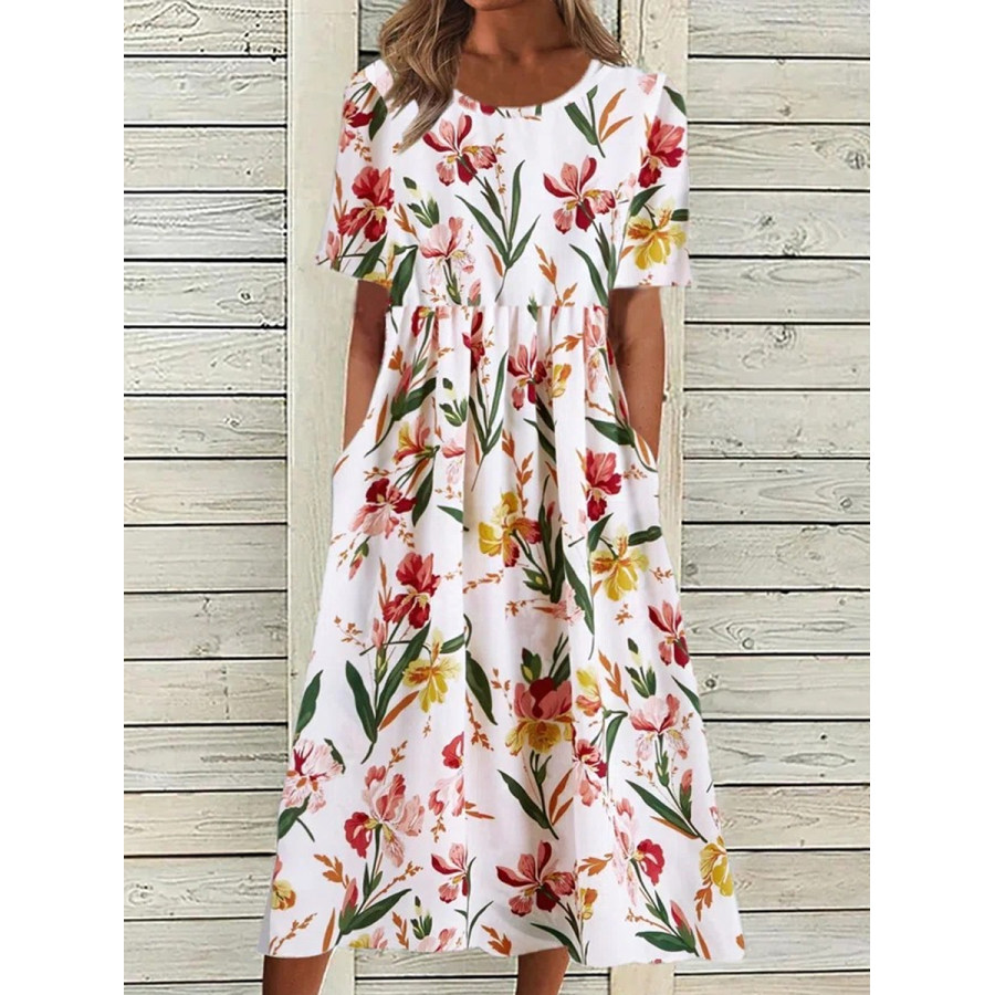 

Casual Floral Print Crew Neck Pocket Short Sleeve Midi Dress
