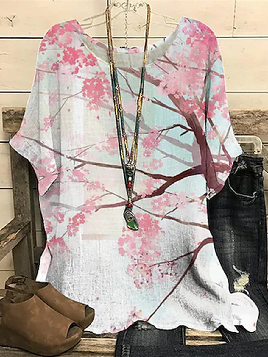 Casual Floral Print Loose Crew Neck Short Sleeve Blouse