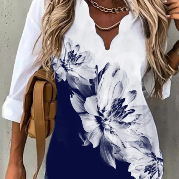 Casual Vintage Print V-Neck Long Sleeve Shirt - Cotosen.com