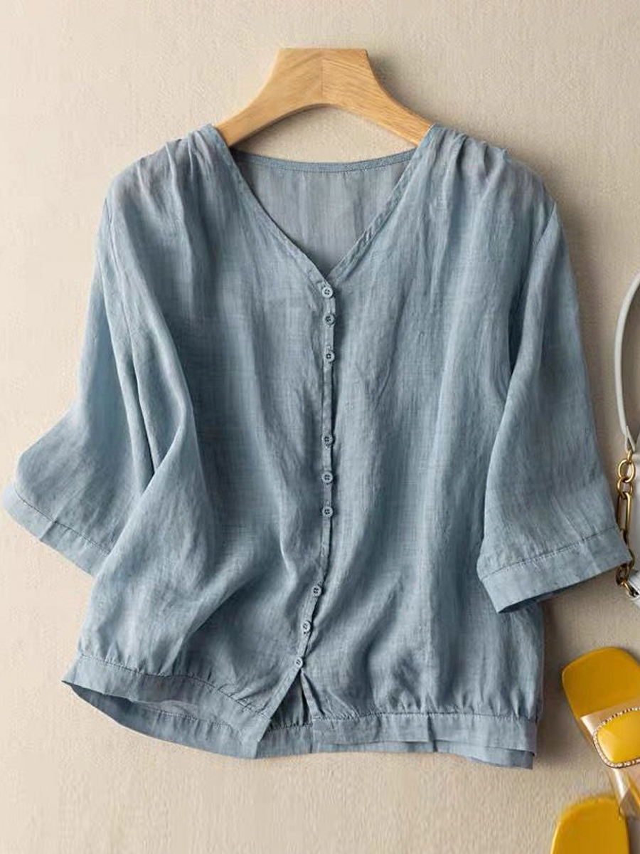 Casual Cotton And Linen V Neck Three Quarter Sleeve Shirt