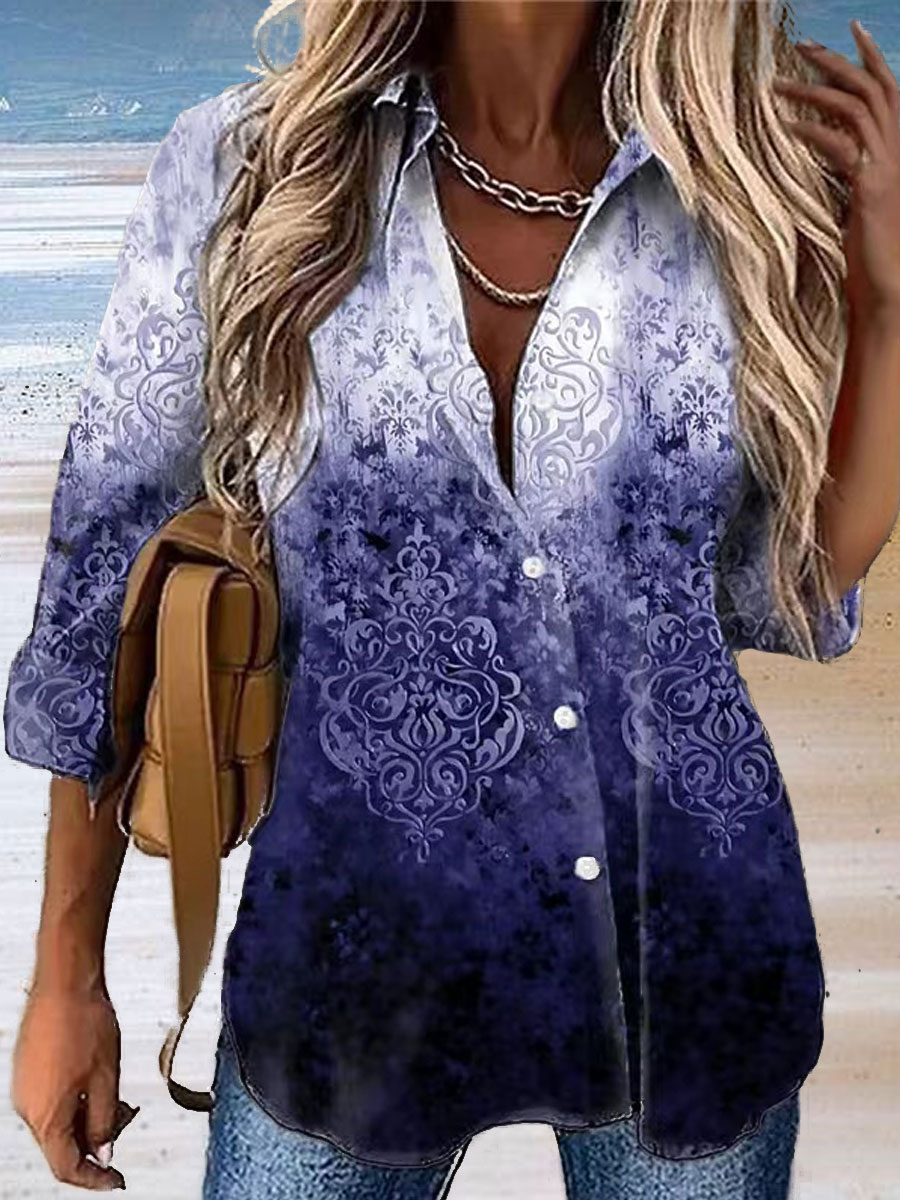 Casual Loose Vintage Print Sunscreen Long Sleeve Blouse