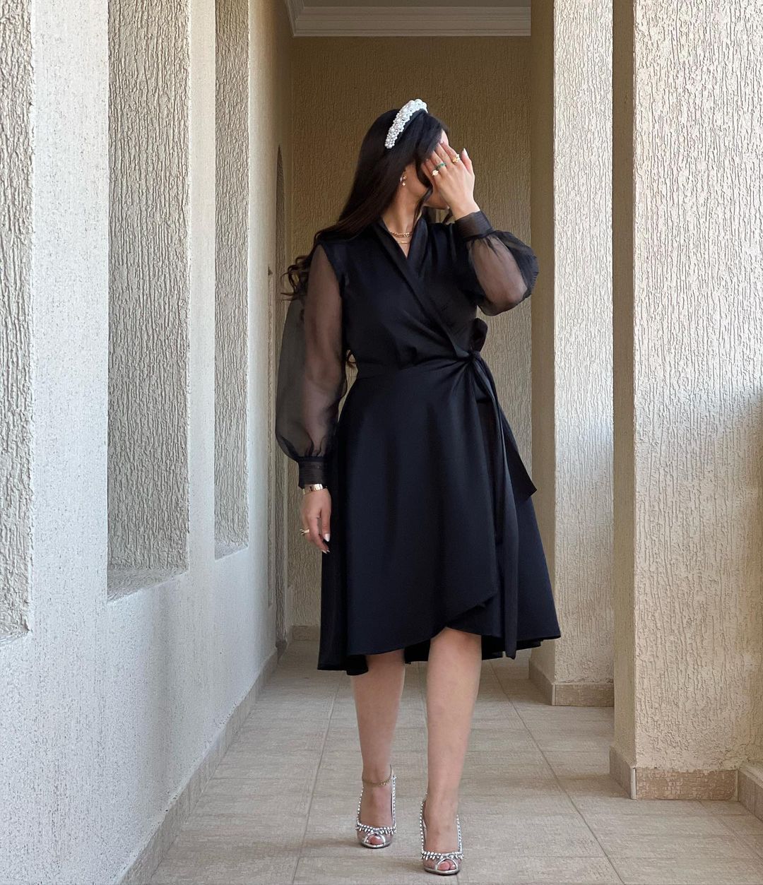 Ladies Elegant Fashion Tulle Puff Sleeves Tie Dinner Party Festive Dress
