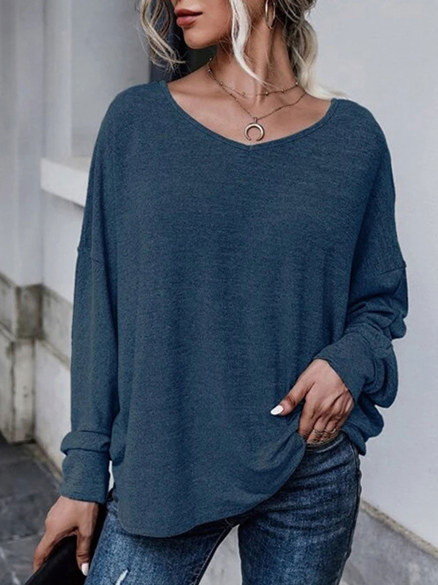 Round Neck Casual Loose Solid Color Long Sleeve T shirt
