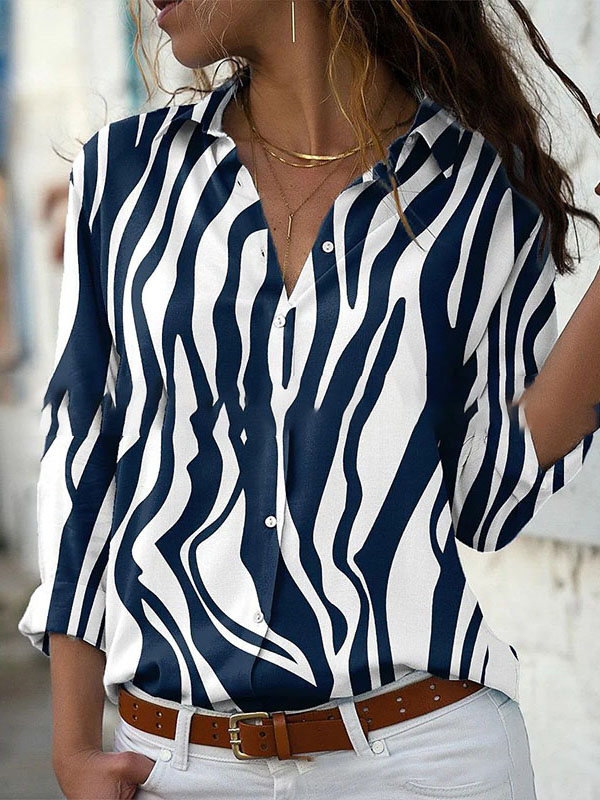 Ladies Fashion Print Lapel Long Sleeve Shirt