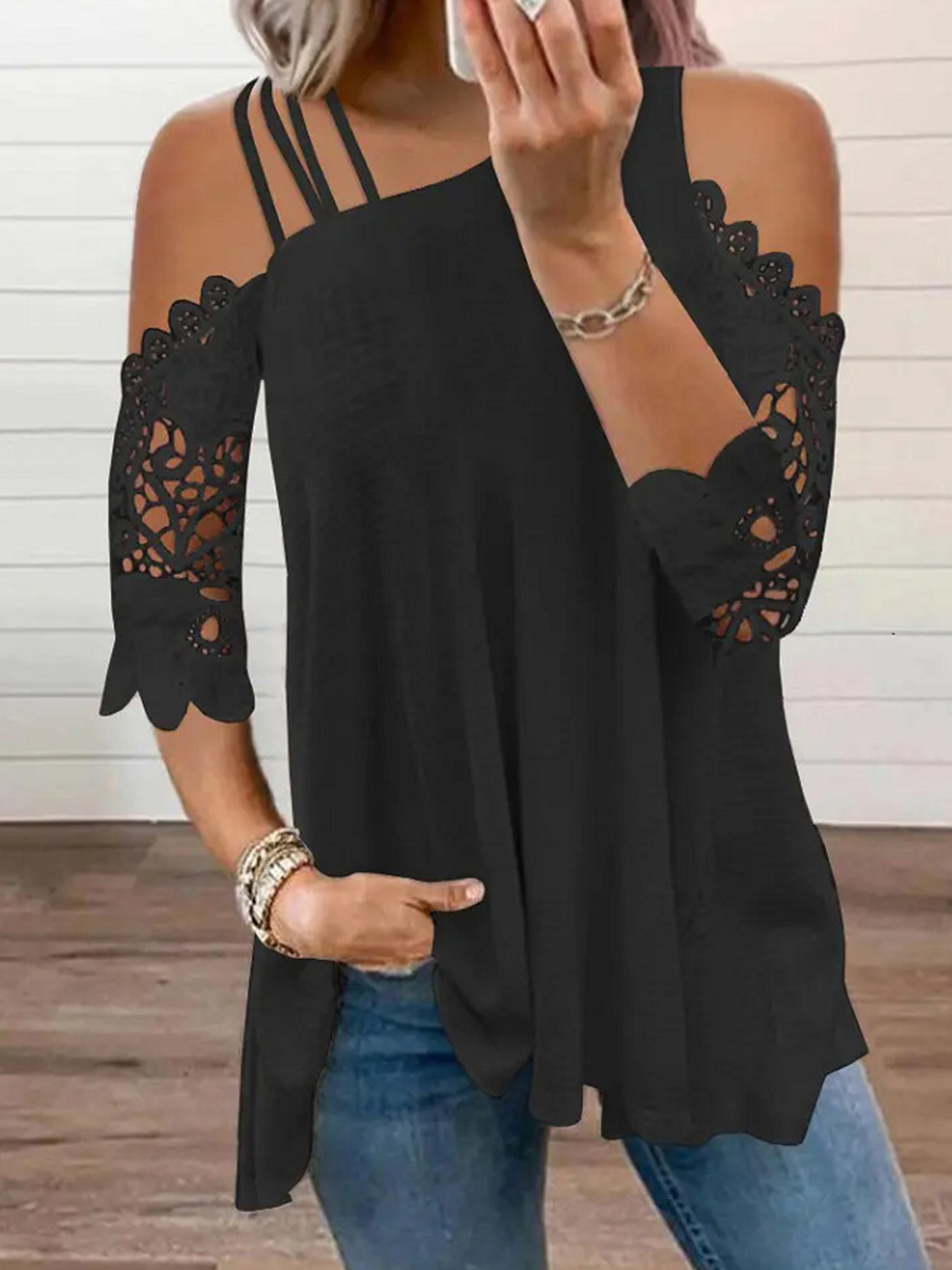 Cutout Lace Sleeve Short Sleeve T Shirt