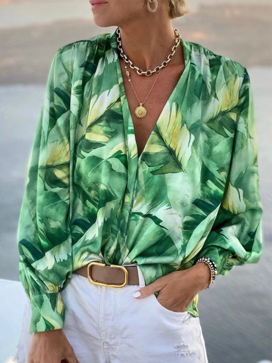 V Neck Long Sleeve Floral Blouse Shirt Plus Size