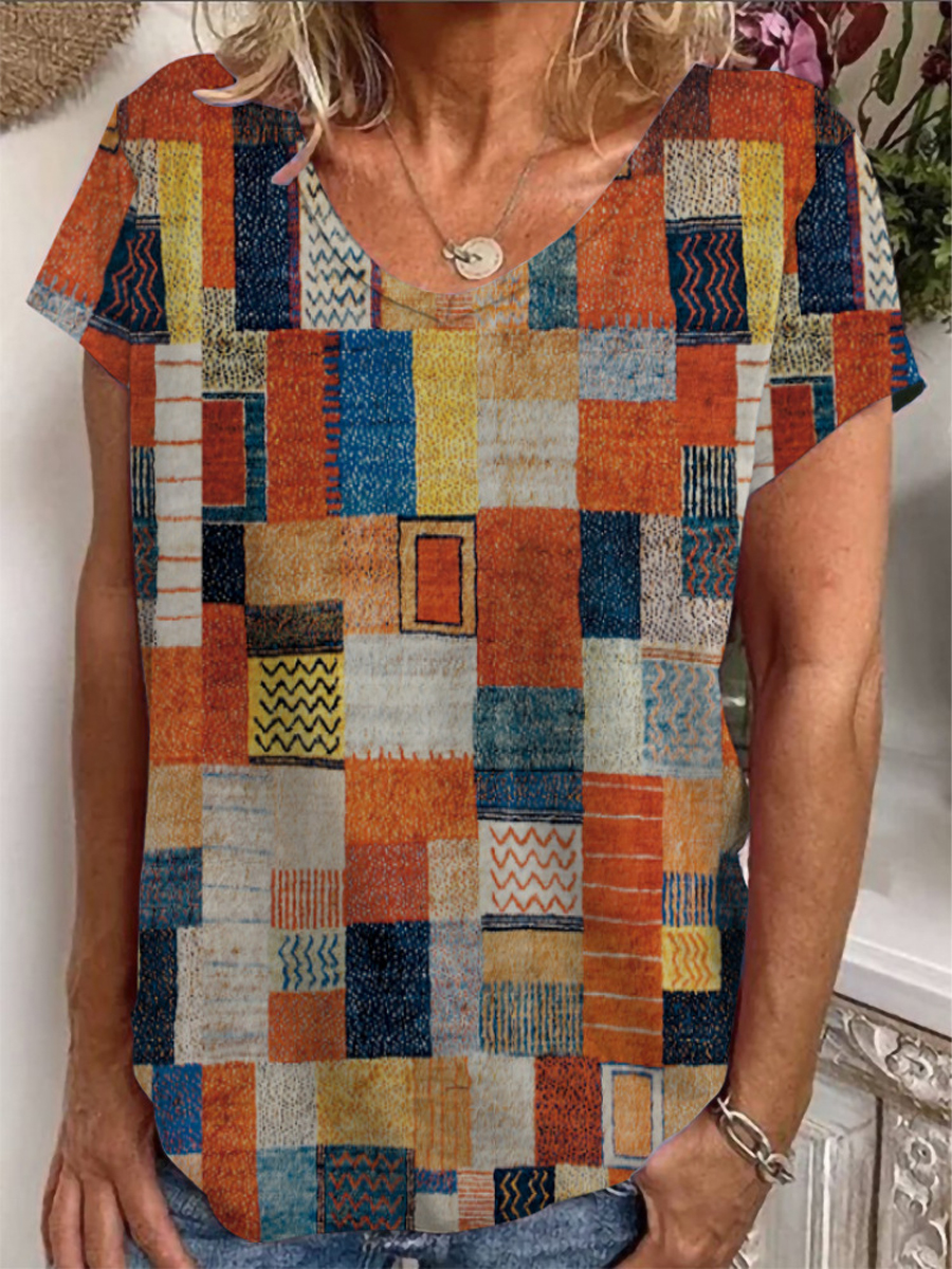 Casual Vintage Print V Neck Short Sleeve T Shirt