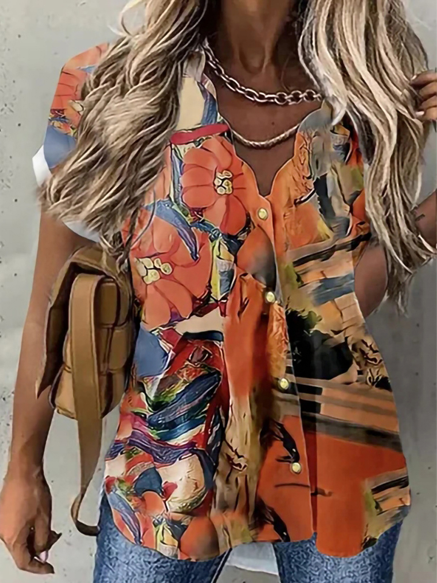 Casual Vintage Print V Neck Short Sleeve Shirt