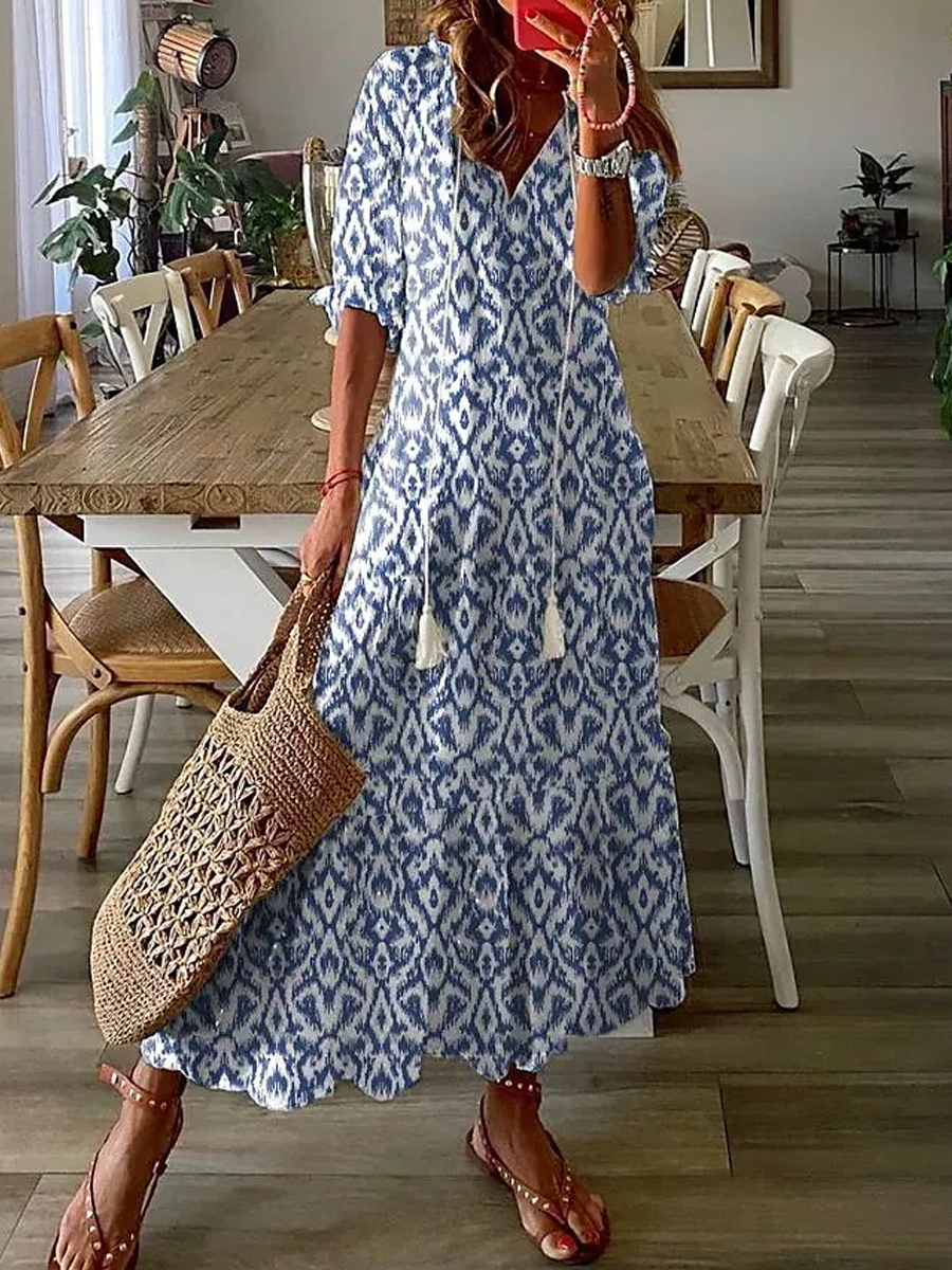 Casual Loose V Neck Printed Short Sleeve Maxi Dress