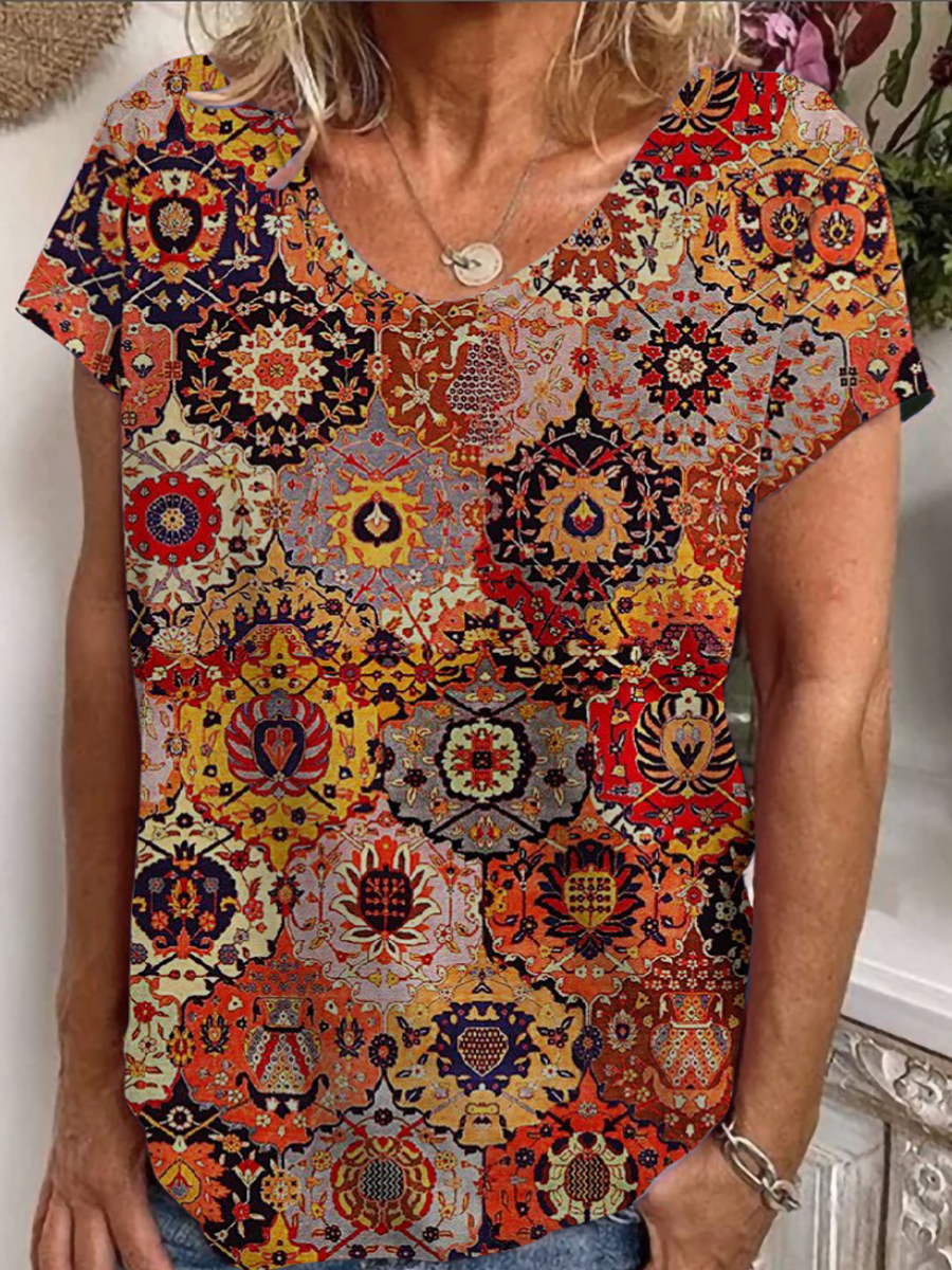 Casual Ethnic Print V Neck Short Sleeve Loose T Shirt