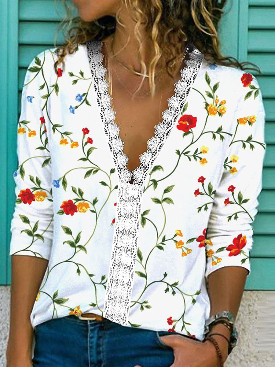 V neck Cutout Casual Loose Floral Print Long Sleeve T shirt