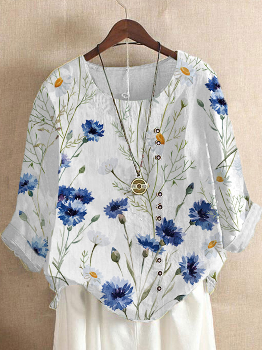 Round Neck Casual Loose Floral Print Long Sleeve Blouse